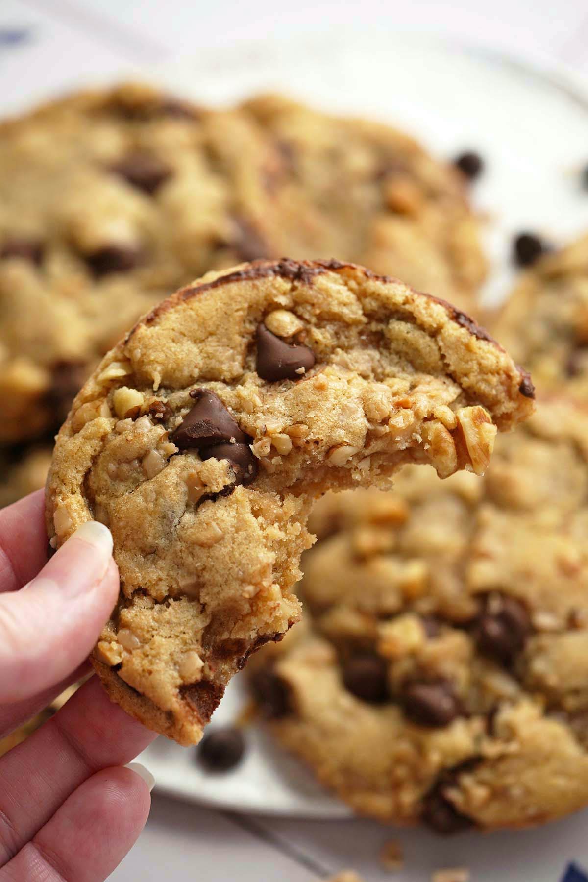 hand holding sourdough chocolate chip toffee cookie with bite to show chewy texture with crispy exterior