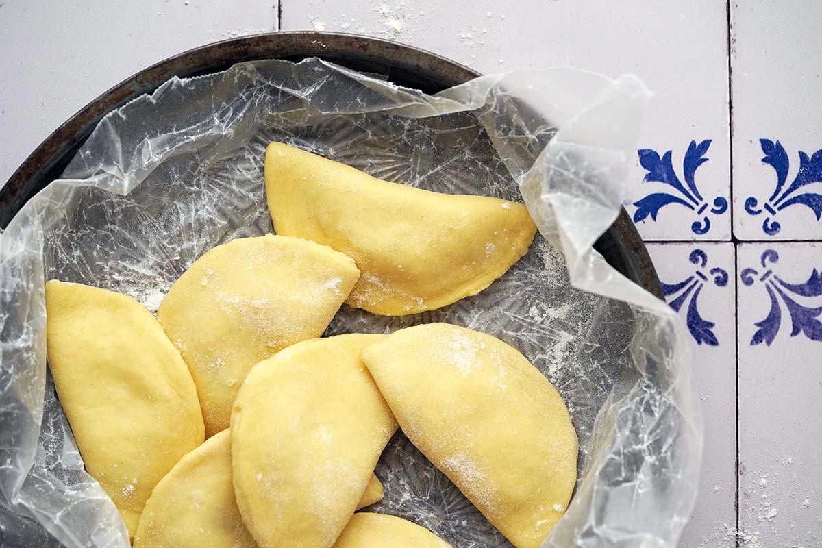 uncooked filled pierogis made with sourdough discard