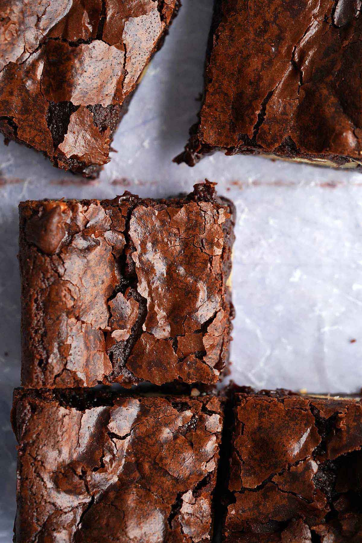top view of sourdough brownies with crackly crinkly tops